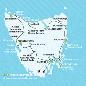 Itinerary map for AATKings 10 Day Tasmanian Wonders